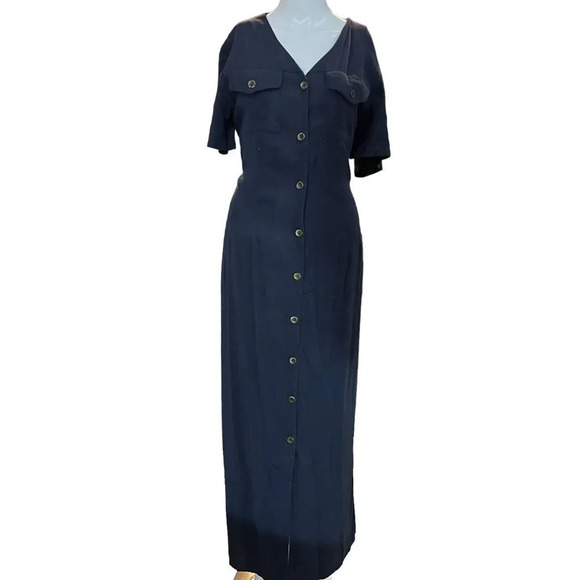 Vintage 90s Halston Button Down Shirt Dress Size 12 Long Navy Blue Maxi Dress - Picture 2 of 4
